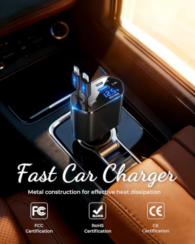 Retractable Car Charger, 4-in-1 Fast Charger with USB-C & USB-A - color: Black