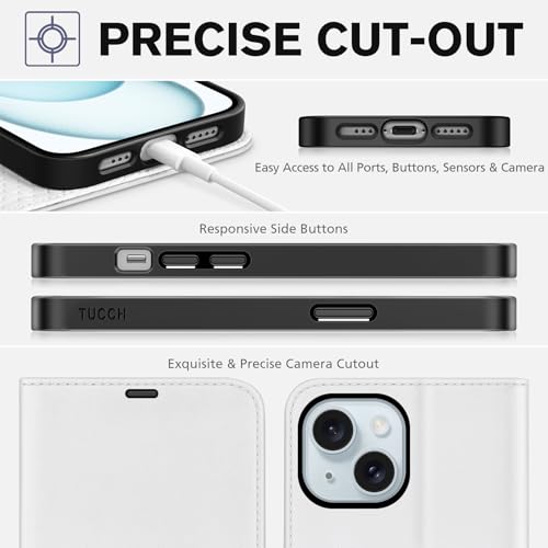 TUCCH Case Wallet for iPhone 15 (6.1") 2023, RFID Blocking Folio, White | 4 Card Holders, Kickstand, PU Leather, Magnetic Closure, Shockproof TPU Shell, Protective Flip Cover - color: White