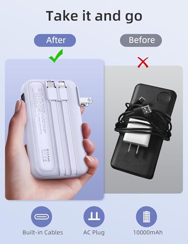 RORRY Portable Charger 3 in 1 with Wall Plug 10000mAh Power Bank for iPhone - color: Purple