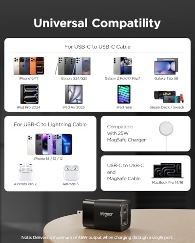 wegear 45W USB C Charger, 2 Port GaN Fast Charging with PPS, Foldable Wall Charger Block for iPhone 18/17/16, iPad, Galaxy S25/S24, Pixel 10/9 (Black) - color: Black