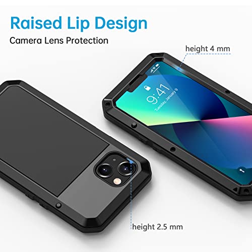 Lanhiem for iPhone 13 Metal Case, Heavy Duty Shockproof Tough Rugged Case with Built-in Glass Screen Protector, 360 Full Body Protective Cover for iPhone 13 6.1 inch, Black - color: Black