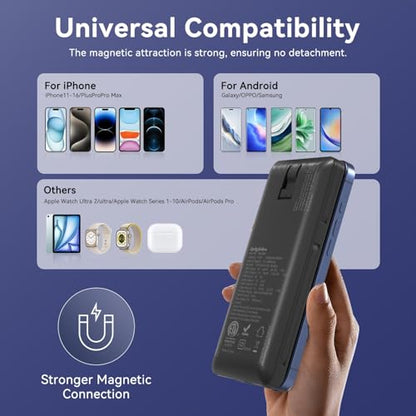 Magnetic 10000mAh Portable Charger for iWatch & iPhone, PD Fast Charging Wireless Power Bank Built-in Cables and Wall Plug, External Travel Battery Pack Compatible with iOS Android Phones - color: Black