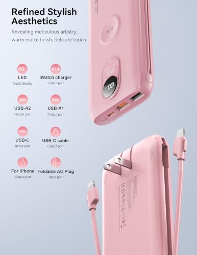 Portable Charger 10000mAh 20W, Wall Plug, 2 Cables, iWatch Charging - color: Bloom Pink