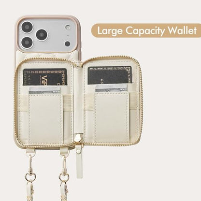 LAMEEKU for iPhone 17 Pro Wallet Case with Card Holder,Crossbody Phone Cover Quilted Leather Zipper Purse 6.3" Beige - color: Beige, size: iPhone 17 Pro 6.3''