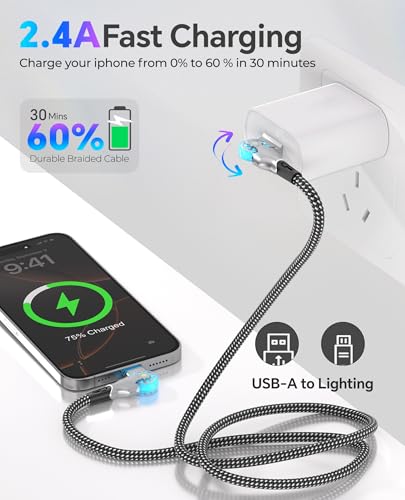 90 Degree Lightning Cable with 180° Rotating iPhone Charger Head - 6.6FT Right Angle Lightning Cable Swivel Charger Cord with MFi, 2.4A Fast Charging, Data Sync, Apple Carplay for iPhone14 13 12 11 X
