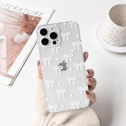 NITITOP Compatible with iPhone 13 Pro Max Case Clear Cute Bow Ribbon Love Heart Pattern for Women Girls Bowknot Full Camera Lens Soft TPU Slim Shockproof Protective Cover - White - color: White, size: iPhone 13 Pro Max