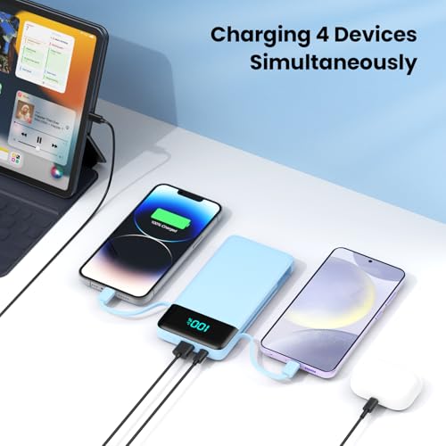 Portable Charger for iPhone with Built in Cables and Wall Plug,Upgraded 13800mAh Fast Charging USB C Power Bank,4 Outputs Travel Essential Battery Pack Compatible with iPhone 17/16/15/14,-Light Blue - color: Light Blue