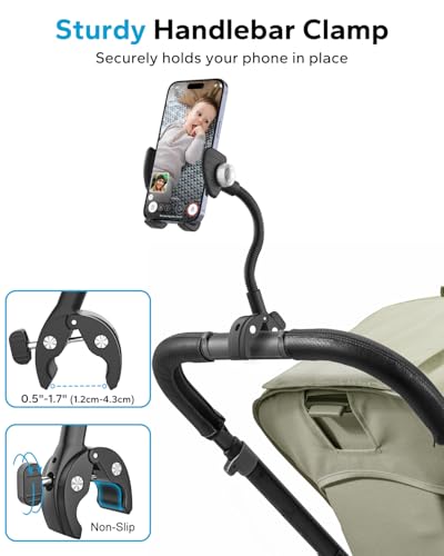 GDZN Gooseneck Handlebar Phone Holder for Stroller/Wheelchair/Treadmill/Spin Bike/Golf Cart/Boat/Mic Stand/Gym Bicycle Phone Clamp, Compatible with iPhone Pro Max 17/16/15, Galaxy, 4.7-7" Smartphones