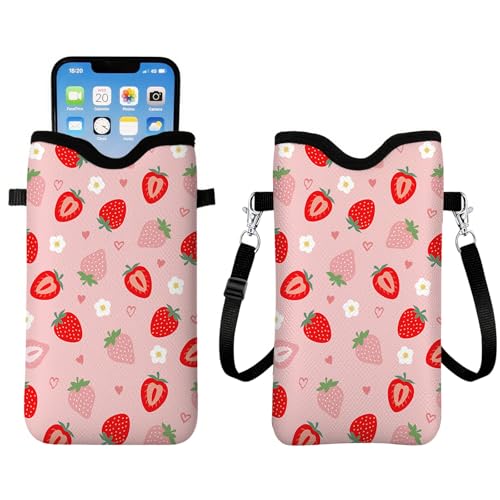 Strawberry Neoprene Cell Phone Sleeve Pouch Case Bag for Women, Lightweight Sleeve with Crossbody Strap Neck Lanyard, Pink Cell Phone Bag Gifts for Christmas Birthday 7.1 X 3.9 inch - color: Strawberry1