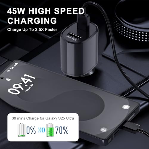 Super Fast Dual Car Charger (45W+15W) Dual Ports USB-C & USB-A White 6.6ft Cable for Samsung S25 S24 S23 S22- Black
