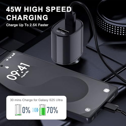 Super Fast Dual Car Charger (45W+15W) Dual Ports USB-C & USB-A White 6.6ft Cable for Samsung S25 S24 S23 S22- Black