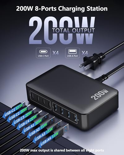 200W USB C Charging Station, 8-Port GaN Desktop Charger Block with PD 65W - color: Black, size: 200W