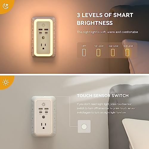 Multi Plug Outlet, USB Wall Charger, Surge Protector, 7 Outlet Extender with 4 USB Charging Ports (2 USB C) 1680J Power Strips Outlets with Night Light, Wall Plug Adapter Spaced for Home Travel Office