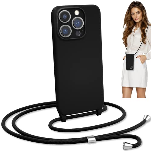 Crossbody Lanyard Strap Case for iPhone 14 Pro Max, Neck Cross Body, Adjustable Holder Removable, Drop Protection Shockproof, Hands-Free Silicone Case 6.7 inch, 150 cm Strap, iP14PM - Black - color: Black