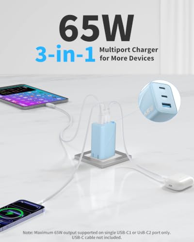 65W USB C Charger GaN, Foldable 3-Port Wall Charger Block, Fast Charging for MacBook Air, iPhone 17/16/15 Series, Samsung Galaxy S25/S24/S23, iPad Pro/Air (Blue) - color: Blue S