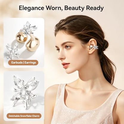 Clip On Earbuds with Detachable Butterfly Earrings & LED Makeup Mirror Case, Wireless Earbuds Bluetooth 6.0, Air Conduction Headphones, Lightweight for Travel Work Daily Use,Great Gift Choice - color: Sunset Gold