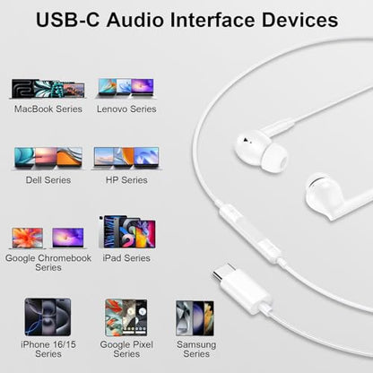 USB C Earphones Wired Headphones for iPhone 17 17 Pro Max Plus 16 16e 15 - color: White