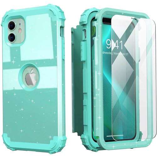 IDweel for iPhone 11 Case with Screen Protector(Tempered Glass), Hybrid 3 in 1 Shockproof Slim Fit Heavy Duty Protection Hard PC Cover Soft Silicone Bumper Full Body Case,Glitter Cyan - color: Glitter Cyan