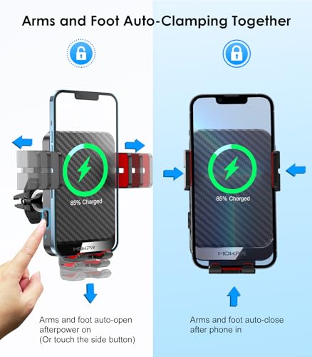 Wireless Car Charger 15W Fast Charging Auto-Clamping Air Vent Phone Mount - color: Red Arm