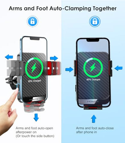 Wireless Car Charger 15W Fast Charging Auto-Clamping Air Vent Phone Mount - color: Red Arm