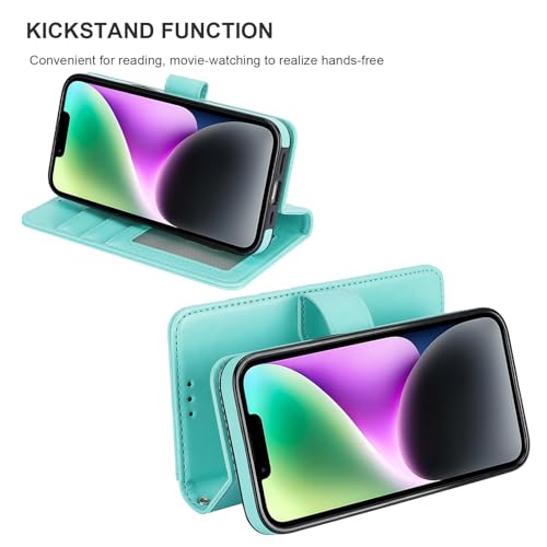 Bocasal Detachable Wallet Case Card Holder for iPhone 14, Light Blue | RFID Blocking Kickstand Card Slots Holder PU Leather Magnetic Shockproof Wrist Strap Removable Flip Protective Cover 6.1 inch - color: Light Blue