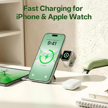 Q Magnetic Wireless Portable Charger 10,000mAh, Travel Essentials Power Bank with Built-in Cables & Foldable Stand, External Battery Pack Compatible with iPhone 17/16/15/14/13/12, Apple Watch - color: Green