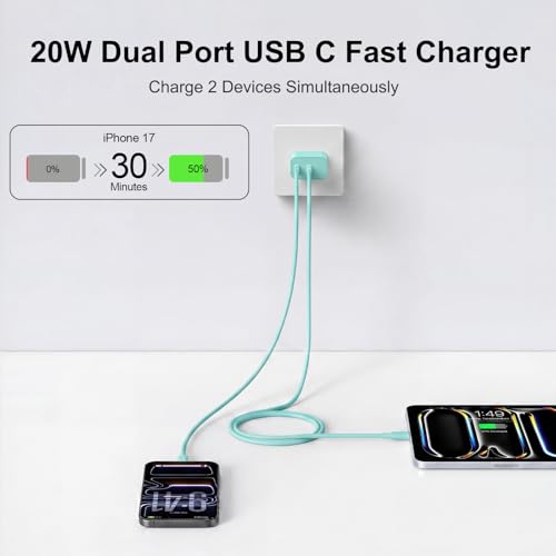 iPhone 18 17 16 15 Charger Fast Charging, 20W Dual Port USB C Charger Block - color: Green
