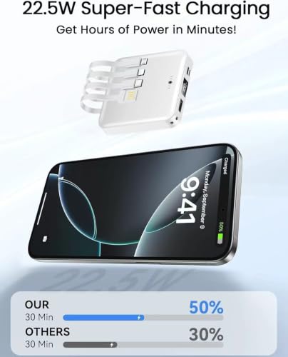 Mini Portable Charger for iWatch 12000mAh, Power Bank with Built-in Cables - color: Matte White