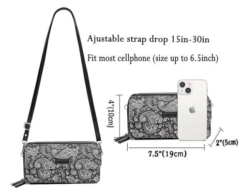 RFID Crossbody Wallet Wristlet Purse with Phone Pocket For Women Vegan Leather - color: Zi-paisley Black