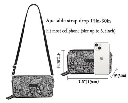RFID Crossbody Wallet Wristlet Purse with Phone Pocket For Women Vegan Leather - color: Zi-paisley Black