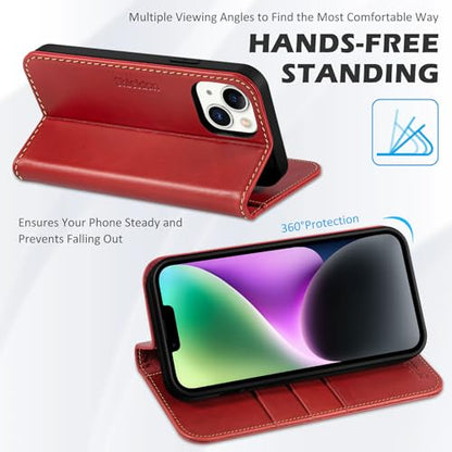 SHIELDON Genuine Leather Wallet Case for iPhone 14 6.1" 2022, Retro Red | RFID Blocking, Credit Card Holder, Magnetic Closure, Kickstand, Folio Design, Shockproof Phone Cover - color: Red - Retro