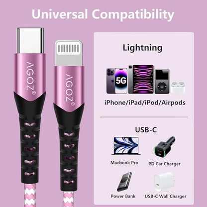 AGOZ 2 Pack Pink Apple MFI Certified Lightning to USB C Cable, Braided Fast Charger Cord Compatible with iPhone 14 Pro Max, 14 Plus, 13, 12, 13 Mini iPhone SE, iPhone 11 XR X XS 8 7 6 5 (10ft)