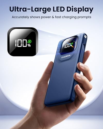 Portable Charger with Built-in Cables,22.5W Super Fast Charging Power Bank Slim Phone Charger,10000mAh Travel Battery Pack Battery Bank with Smart LED Display for iPhone, Android & USB-C - color: Blue