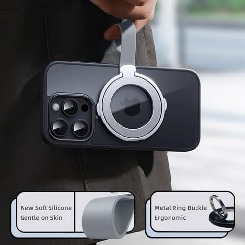 Magnetic Phone Grip with Silicone Strap, 2-in-1 Magnetic Ring Holder Stand, Compatible with Apple iPhone 16/15/14/13/12 Series, Suitable for MagSafe, Video Watching & Office Use (Silver)