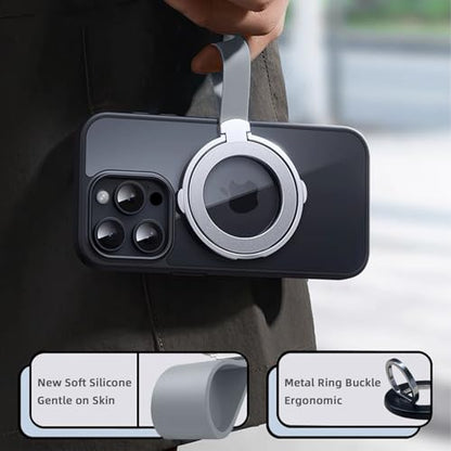 Magnetic Phone Grip with Silicone Strap, 2-in-1 Magnetic Ring Holder Stand, Compatible with Apple iPhone 16/15/14/13/12 Series, Suitable for MagSafe, Video Watching & Office Use (Silver)
