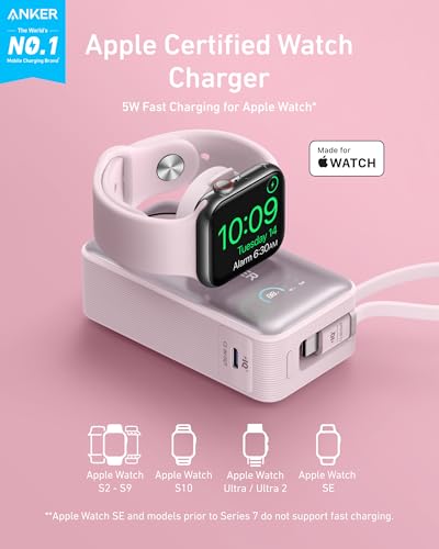 Anker MagGo Power Bank for Apple Watch, 10,000mAh 35W Max Portable Charger - color: Pink