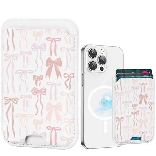 for Magsafe Wallet, Magnetic Wallet Card Holder for iPhone 17/16/16e/15/14/13/12 Pro/Max/Plus Case, Leather Strong Magnet Phone Pocket Cute Design Credit Card Fit 3 Cards (Pink Bow Tie) - color: Pink Bow Tie