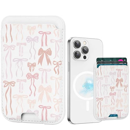 for Magsafe Wallet, Magnetic Wallet Card Holder for iPhone 17/16/16e/15/14/13/12 Pro/Max/Plus Case, Leather Strong Magnet Phone Pocket Cute Design Credit Card Fit 3 Cards (Pink Bow Tie) - color: Pink Bow Tie