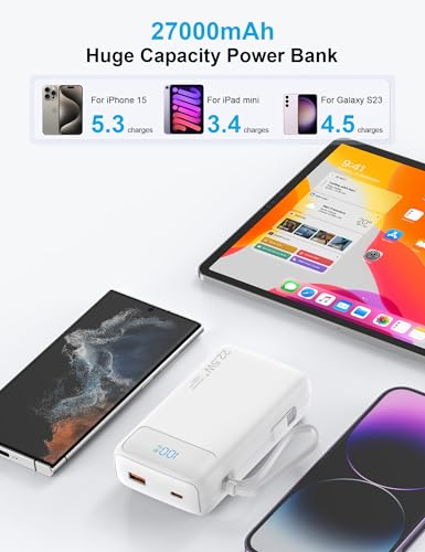 Nusyddy Portable Charger 27000mAh 22.5W w/Built-in Cable/LED Display White - color: White