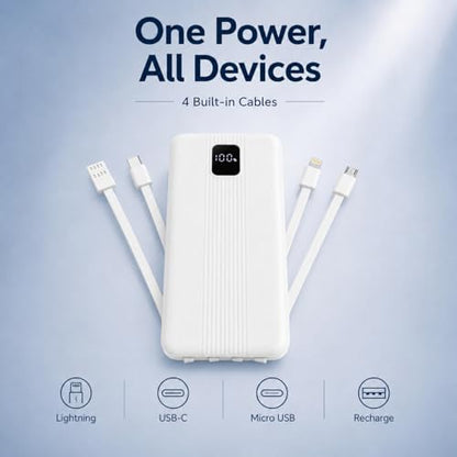 10000mAh Portable Charger with 4 Built-in Cables, 22.5W Fast Charging Power Bank, LED Display, Slim Travel Battery Pack for iPhone 17/16/15/14, Samsung Galaxy, iPad & More - color: White