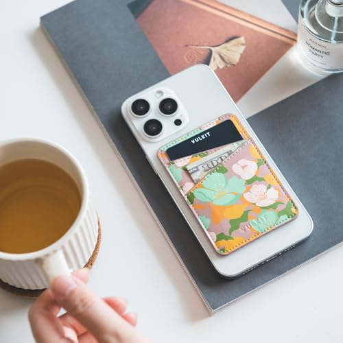 VULKIT Phone Card Holder Wallet Leather Adhesive Pocket RFID Blocking Credit Card Sleeves Stick Back of Phone Smartphones - color: Flower