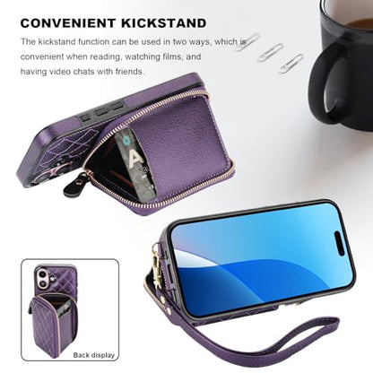 Bocasal Crossbody Wallet Case Card Holder for iPhone 16, Dark Purple | RFID Blocking PU Leather Zipper Handbag Purse, Kickstand Flip Folio Case with Card Slots Holder Wrist Strap Lanyard 6.1 Inch - color: Dark Purple