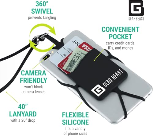 Gear Beast Cell Phone Lanyard - Universal Neck Phone Holder w/Card Pocket and Silicone Neck Strap - color: Clear