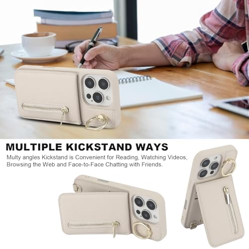Crossbody Wallet Case for iPhone 12 Pro Max, with Card Slots Zipper Pocket Case, Flip Folio Purse RFID Blocking with Ring Kickstand Detachable Strap-Beige - color: Beige, size: iPhone 12 Pro Max(6.7")