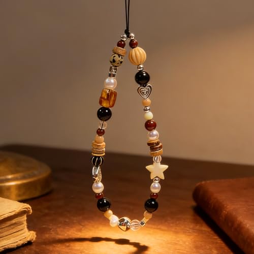 Cute Beaded Camera Wrist Strap for Phone, Digital Camera Charm Lanyard, Pearl Beaded Chain for Bag Keychain Gift - color: Brown Bead