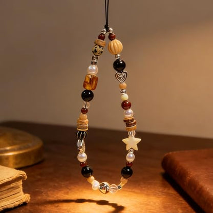 Cute Beaded Camera Wrist Strap for Phone, Digital Camera Charm Lanyard, Pearl Beaded Chain for Bag Keychain Gift - color: Brown Bead