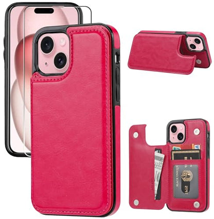 Wallet Case Compatible with iPhone 15 6.1”,Slim Protective case with Card Holder, PU Leather Kickstand Card Slots Case with a Screen Protector-Rose Red - color: Rose Red