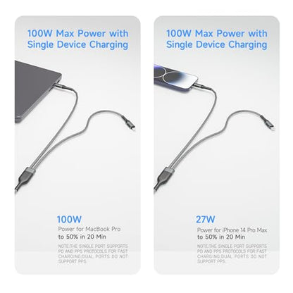 2 in 1 USB C to USB C and Lightning Cable 100W Fast Charging 4FT 1Pack - color: Grey, size: 4FT