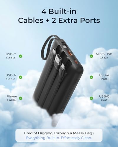 VRURC Portable Charger 4-Built-in-Cables 20000mAh Fast Charging Power Bank - color: Black