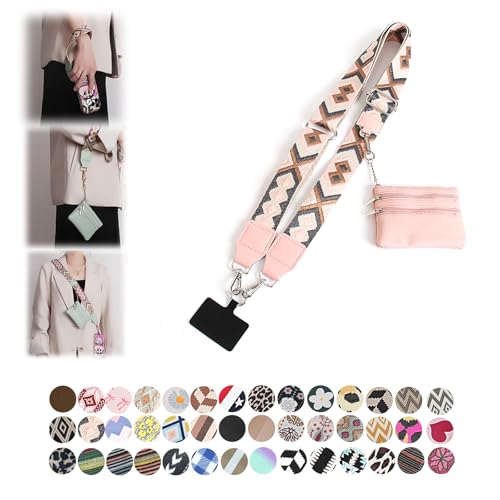 Phone Strap with Zippered Pouch, Clip and Go Strap for Phone with Wallet Crossbody, Adjustable Crossbody Phone Strap-3 - color: Pink